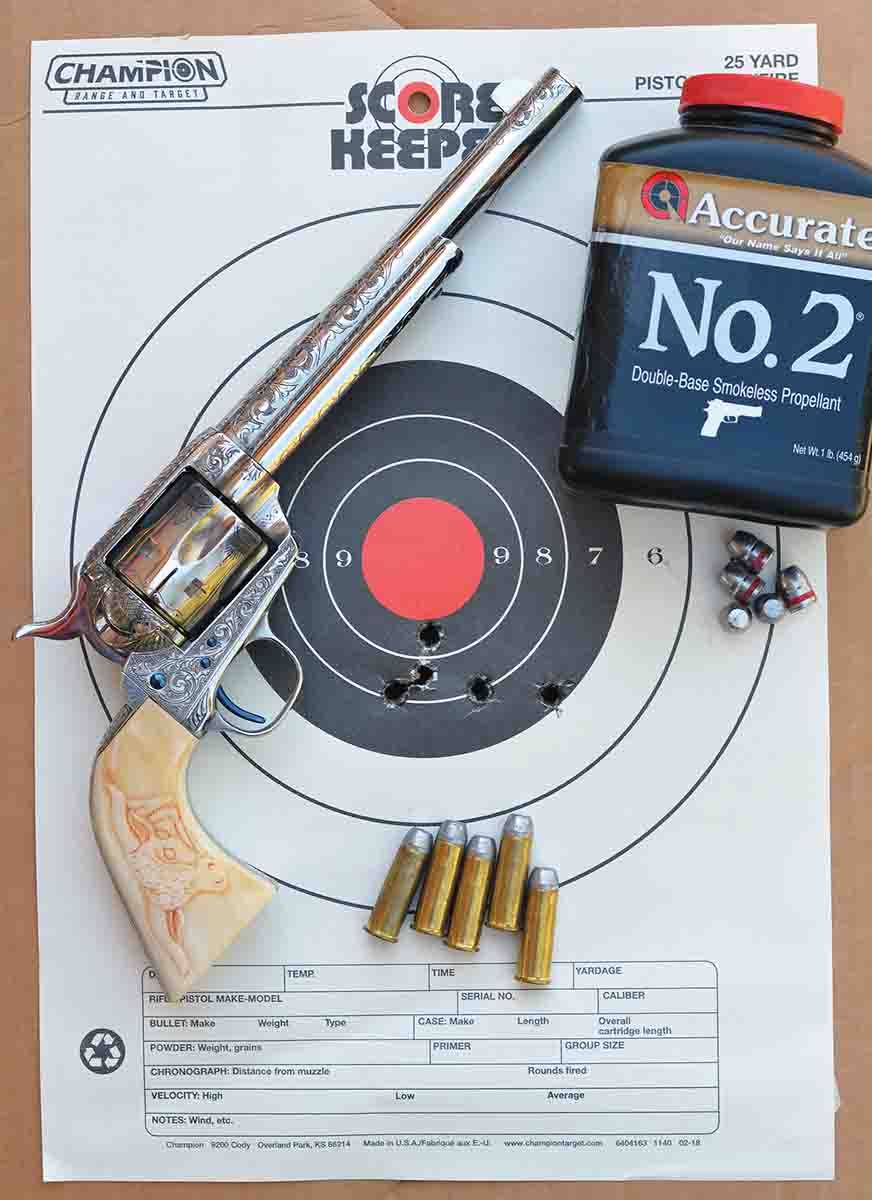 With proper handload development, the .44-40 can be accurate. Many test loads produced even tighter groups than this one that was fired at 25 yards.